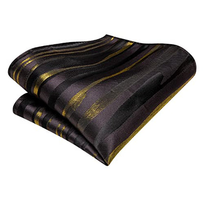 Dubulle Mens Paisley Striped Tie Woven Necktie for Men and Handkerchief Cufflinks Set Wedding Formal Business - color: Black Grey Gold
