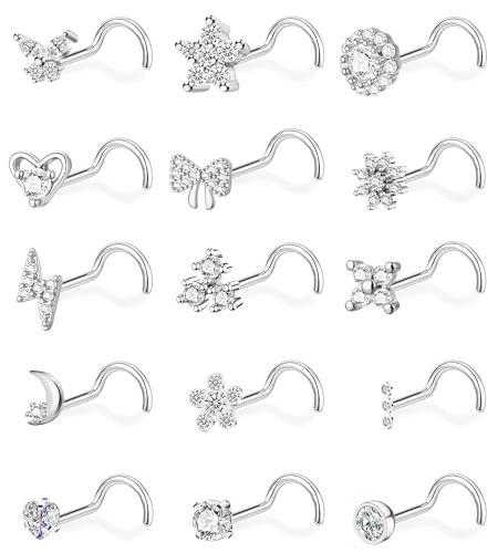Gold L Shaped Corkscrew Nose Rings for Women 20G Nose Piercings Heart Butterfly Flower Bow Moon Nose Studs Stainless Steel Nose Piercing Jewelry - color: Silver Tone Corkscrew