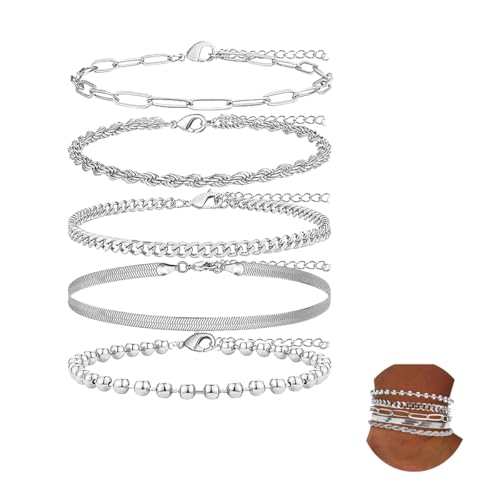 Adjustable Waterproof Layered Bracelets for Women Summer Beach Cuban Link Chain Anklets Set Herringbone Paperclip Beaded Snake Chain Stackable Anklet Stainless Steel Jewelry Bracelet - color: 5PCS-Sliver