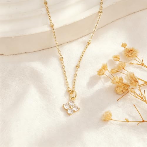 Gold Necklace for Women, Dainty 14K Gold Plated Pendant Necklaces for Women Trendy Simple Choker Chain Cubic Zirconia Circle/Interlocking/Sun/Pearl Necklace Fashion Jewelry Charm Gifts - color: Four-Leaf Clover-Satellite