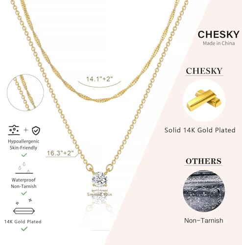 CHESKY Gold Layered Necklaces Set, 14K Gold Plated Paperclip Chain Stack | 3 Pcs Dainty Layering Necklaces, Gold CZ Pendant Necklace Trendy Jewelry Gift for Women Daily Wear - style: CZ-wave