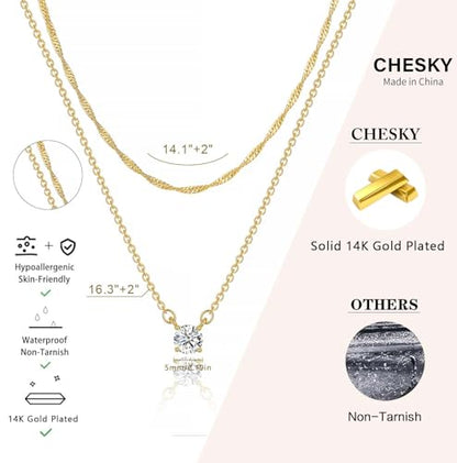 CHESKY Gold Layered Necklaces Set, 14K Gold Plated Paperclip Chain Stack | 3 Pcs Dainty Layering Necklaces, Gold CZ Pendant Necklace Trendy Jewelry Gift for Women Daily Wear - style: CZ-wave