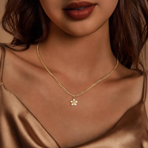 IMBOS 14K Gold Plated Chunky Chain Choker Necklaces for Women Chunky Gold Necklace Tennis Necklace for Women CZ Love Chain Cuban Link Choker Jewelry Gifts - color: Gold-Flower