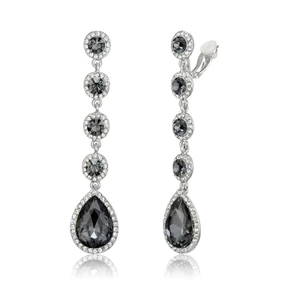 EleQueen Women's Wedding Crystal Teardrop Pear Shape 3 Inch Clip on Long Dangle Earrings for Bride Bridesmaid, Jewelry for Party Prom/Anniversary - color: Grey Silver-Tone