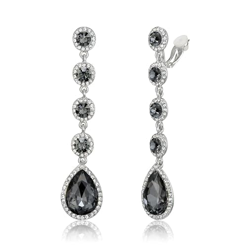 EleQueen Women's Wedding Crystal Teardrop Pear Shape 3 Inch Clip on Long Dangle Earrings for Bride Bridesmaid, Jewelry for Party Prom/Anniversary - color: Grey Silver-Tone