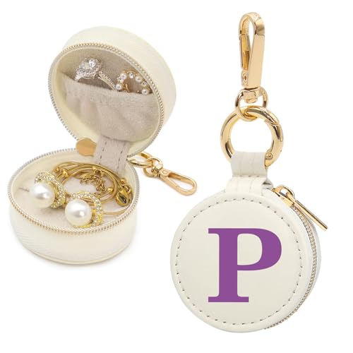 Mini Initial Travel Jewelry Case Ring Holder, Beige Faux Leather Small Jewelry Organizer Box Gifts for Women Girls Nurse Teacher, Gym Travel Accessories Keychain Pouch for Earrings Rings Necklace P - color: Beige, size: Leather-P