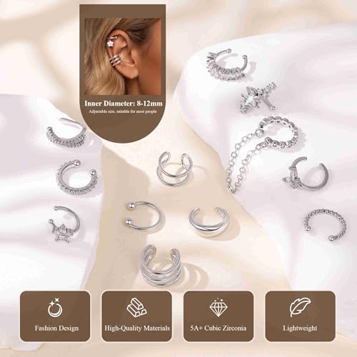 12PCS 14K Gold Plated Ear Cuff Earrings for Women Non Piercing Adjustable Ears Clip on Cartilage Earring Stack Dainty Fake Piercings Non Tarnish Helix Wrap Earrings Set Trendy Jewelry - color: Silver