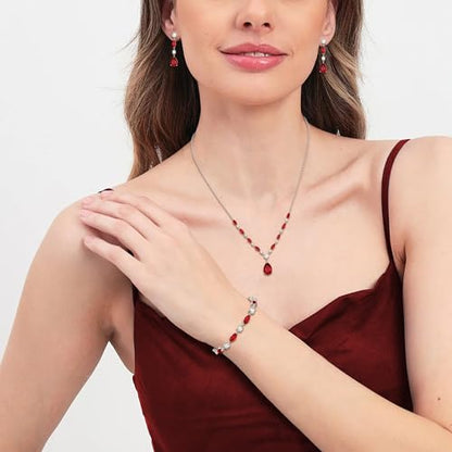 Teardrop Marquise Cubic Zirconia Wedding Prom Jewelry Set for Women Bridal | Silver/Gold/Rose Gold Plated, Pear Cut Pendant Necklace Drop Earrings Link Bracelet, for Bride Bridesmaid, for Banquet Party - style: B_Three Set, Red Silver-Tone (Teardrop)