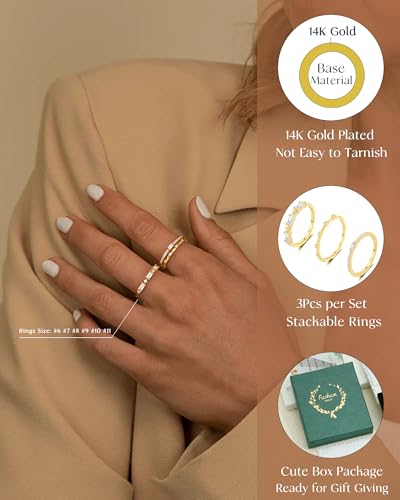 FUNEIA Stackable Silver Gold Rings for Women Non Tarnish 14K Gold Plated Thumb Cubic Zirconia Rings for Women Dainty Pinky Promise Wedding Ring Set Women's Engagement Eternity Band Rings Gold Jewelry - color: B-Gold Rings