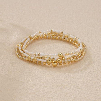 14K Gold Plated Beaded Bracelets Stack Set for Women,Stretch Boho Ball Jewelry Friendship Trendy - color: White