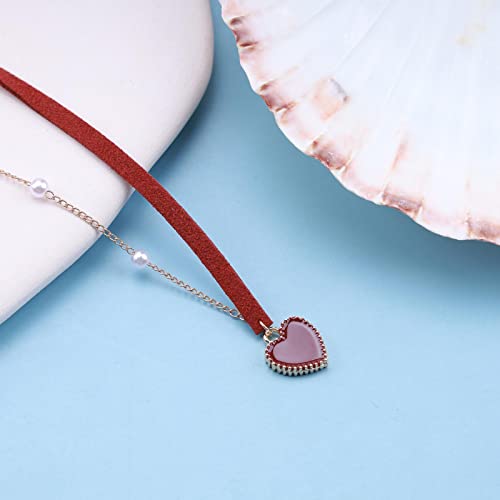 Andelaisi Boho Red Velvet Choker Necklace Vintage Pearl Heart Pendant Necklace Red Heart Necklace Love Heart Pearl Stitching Necklace Jewelry for Women