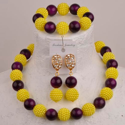 Nigerian Wedding African Beads Jewelry Set Women Simulated Pearl Necklace and Earrings - color: Purple-Yellow