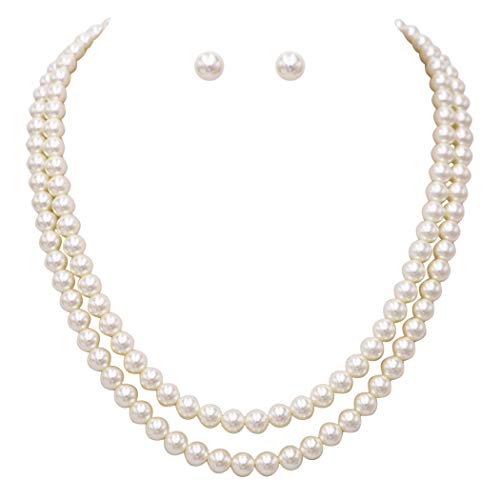 Rosemarie Collections Double-Strand Classic Simulated Pearl Necklace And Earring Set - Adjustable Faux Pearl Necklaces for Women - Elegant Jewelry for Special Occasions & Everyday Wear - color: 8mm, Cream Pearl Gold Tone