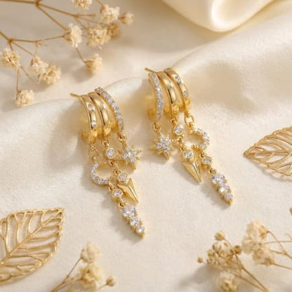 Sonateomber Gold Silver Small Hoop Dangle Earrings for Women, Trendy Dainty Rhinestone CZ Dangling Prom Wedding Leaf Flower Snowflake Butterfly Starfish Fashion Jewelry Gift - color: Celestial Star