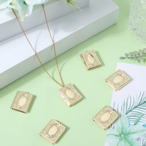 Beebeecraft 1 Box 6Pcs Book Photo Frame Charms 18K Gold Plated Religious Bible Floating Locket Necklace Pendants Charms for DIY Living Memory Necklace Making 26x19x4.5mm, Hole 1.8mm