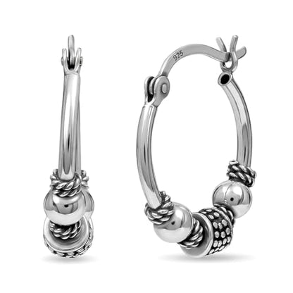 LeCalla 925 Sterling Silver Oxidized Balinese Hoops Earring Jewelry Small Antique Bali Beaded Hoop Earrings for Women - color: Bali Style Beaded