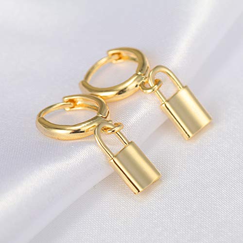 XYJZXY Gold Huggie Small Hoop Earrings with Charm Personalized Snake/Evil Eye/Star/Cross/Lock/Key 18k Gold Plated Crystal Drop Dangle Earrings for Women - style: Lock