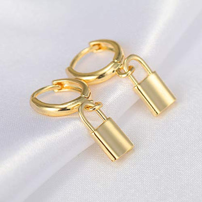 XYJZXY Gold Huggie Small Hoop Earrings with Charm Personalized Snake/Evil Eye/Star/Cross/Lock/Key 18k Gold Plated Crystal Drop Dangle Earrings for Women - style: Lock