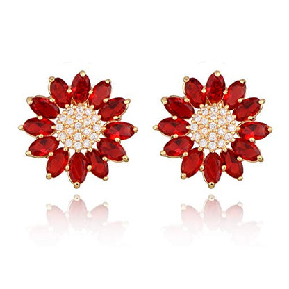 Crystal Flower Burst Stud Earirings - Big Sterling Silver CZ Cubic Zirconia Rhinestone Daisy Sunflower Floral Cluster Studs Bridal Wedding Party Prom Costume Jewelry for Bride Bridesmaids Women Birthstone Birthday Gift - color: Red