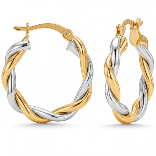 LeCalla Real 925 Sterling Silver Textured Two-Tone Three-Tone 14K Gold Plated Lightweight Italian Design Hoop Earrings for Women Diameter 25,30,40,45,50mm - color: Two-Tone Small-20mm
