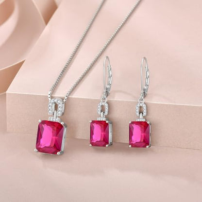 Emerald Cut Birthstone Necklace for Women 925 Sterling Silver | Baguette Birthstone Pendant Necklace, Jewelry for Mom Wife - color: Red