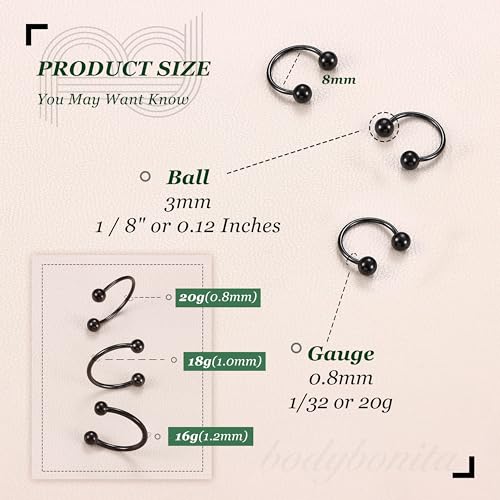 G23 Titanium 14/16/18/20G Septum Rings Horseshoe Nose Ring Jewelry | 2/3Pcs Circular Barbell Spike Lip Body Piercing Jewelry Conch Helix Tragus Earring Silver/Black 8/10/12mm 14K Gold Plated - color: Black-3pcs, size: Balls-3pcs-20g-8mm