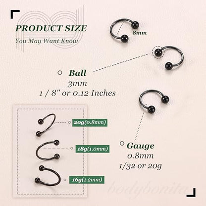 G23 Titanium 14/16/18/20G Septum Rings Horseshoe Nose Ring Jewelry | 2/3Pcs Circular Barbell Spike Lip Body Piercing Jewelry Conch Helix Tragus Earring Silver/Black 8/10/12mm 14K Gold Plated - color: Black-3pcs, size: Balls-3pcs-20g-8mm