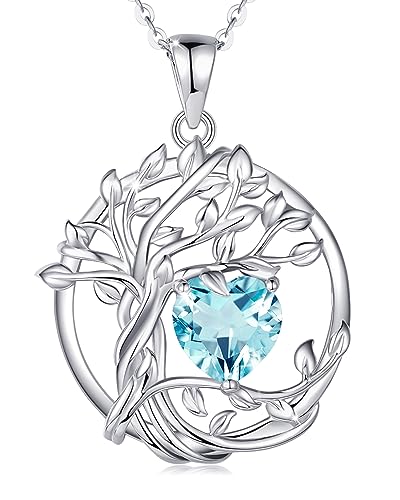 FANCIME Tree of life Birthstone necklace Sterling Silver Pendant Birthstone Necklace Gemstone Anniversary Birthday Jewelry Mothers Day Gifts for Mom Her Wife - color: Mar.-Aquamarine