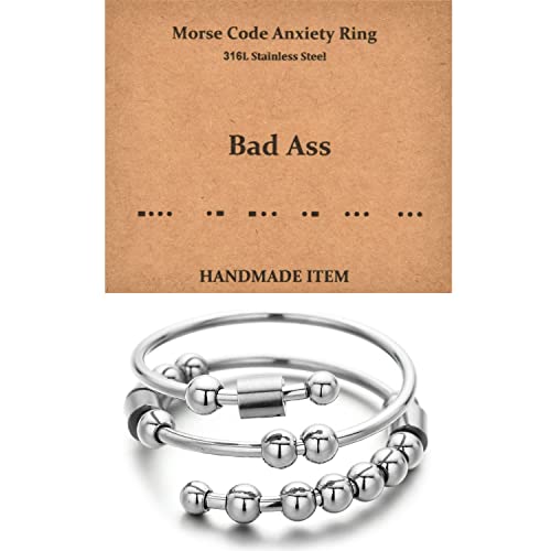Morse Code Rings for Women, Stainless Steel Spinner Ring Fidget Rings for Anxiety Ring Morse Code Rings Inspirational Gifts Jewelry Women Birthday Graduation Gifts for Best Friends - style: 2 B*d A*s