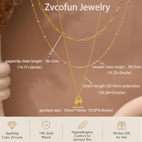 Layered Necklaces for Women, Simple Gold Necklace Stack Dainty 14K Gold Plated CZ Disc Pendant Necklace Set Non Tarnish Gold Jewelry Gifts - color: Gold-Paperclip+Beaded+Sun