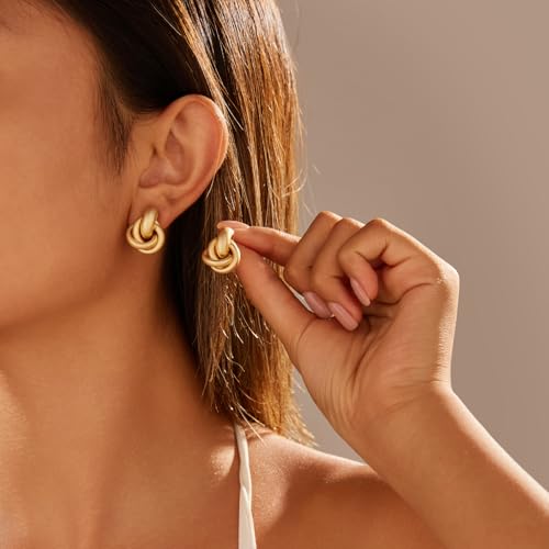 Gold Geometric Drop Dangle Earrings for Women Chunky Trendy Knot Stud Small Twisted Link Earring Jewelry Gift - color: A-Small Matte Gold