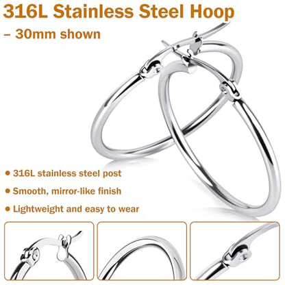 8 Pairs Gold Hoop Earrings for Women, 14K Gold Plated and Silver Hoops, Hypoallergenic Stainless Steel Classic Thin Large Set 30/40/50/60mm (1.18–2.36in) - color: 8 Pairs Gold/Silver-30/40/50/60mm