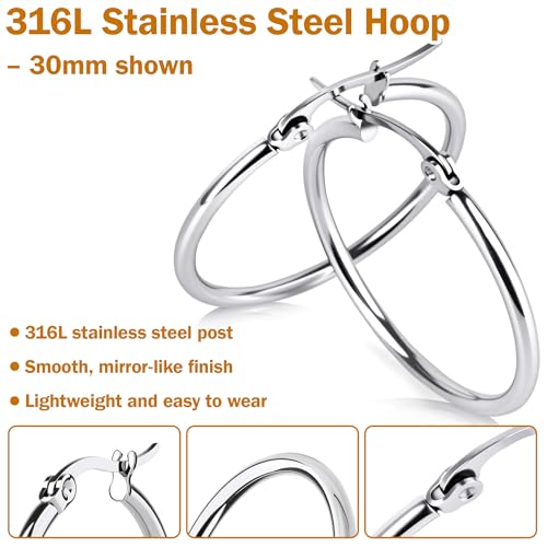 8 Pairs Gold Hoop Earrings for Women, 14K Gold Plated and Silver Hoops, Hypoallergenic Stainless Steel Classic Thin Large Set 30/40/50/60mm (1.18–2.36in) - color: 8 Pairs Silver-30/40/50/60mm