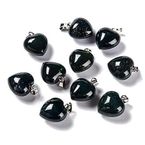 10Pcs Heart Stone Charm Pendants Natural Moss Agate Gemstone Pendants with Platinum Brass Loops for DIY Necklace Keychains Earring Crafts Supplies - color: Moss Agate