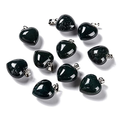 10Pcs Heart Stone Charm Pendants Natural Moss Agate Gemstone Pendants with Platinum Brass Loops for DIY Necklace Keychains Earring Crafts Supplies - color: Moss Agate