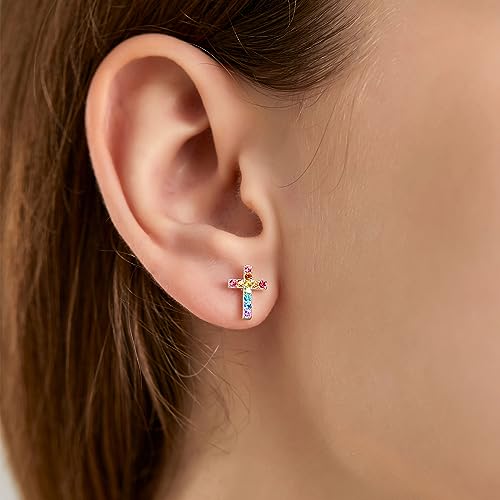 Cross Stud Earrings for Women,Initial Letter Cross Earrings Gifts Jewelry for Women - color: Stud Rainbow Cross