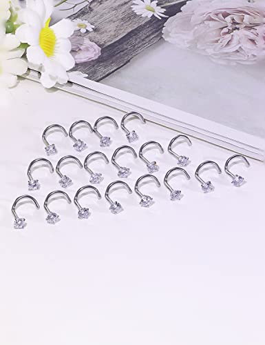 18G 20G 22G Nose Rings Studs with Cubic Zirconia 316L Surgical Steel Straight Screw L Shaped Nose Studs Piercing Jewelry for Women Men Girl CZ 1.5mm 2mm 2.5mm 3mm 20Pcs - color: B:18G Screw- Silver 3mm