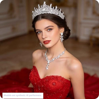 Kamirola Tiaras and Crowns for Women,Tiaras Earrings Necklace, Crystal Bridal Jewelry Set (TR48) - color: Silver