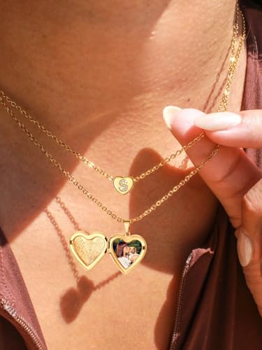 U7 Women Locket Necklace, Heart Photo Lockets Hold Picture, Gift Box Packed | Gold/Silver/Rose Locket Charm, Custom Picture and Engravement Heart Pendant, 20" Chain, Personalized Gift for Mom Wife Friend - color: 02# Gold*Flower Grain