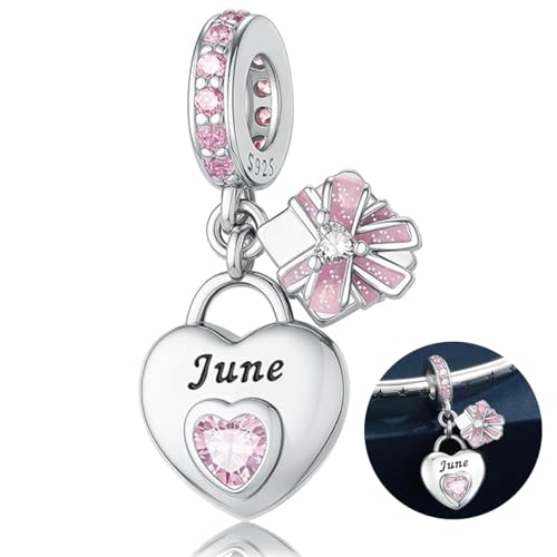 Love Heart Birthstone Dangle Charms Compatible with Pandora Bracelets | 925 Sterling Silver 5A Cubic Zirconia Mother's Day Christmas Birthday Birthstone Gifts Bead Charm Pendants Women Jewelry - color: June Dangle Birthstone Charms