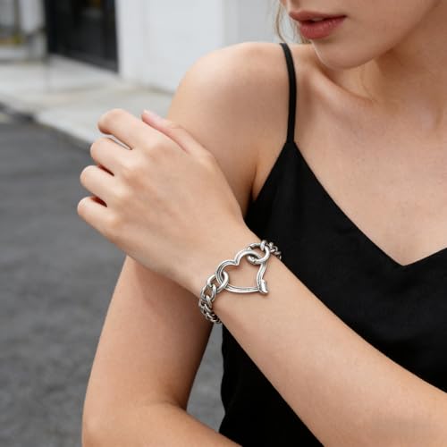 Heart Bracelet for Women, Chunky Silver Chain Clasp Charms Stainless Steel Link Buckle Statement Jewelry Accessories Gifts - color: Silver OO Heart