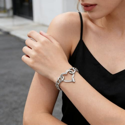Heart Bracelet for Women, Chunky Silver Chain Clasp Charms Stainless Steel Link Buckle Statement Jewelry Accessories Gifts - color: Silver OO Heart