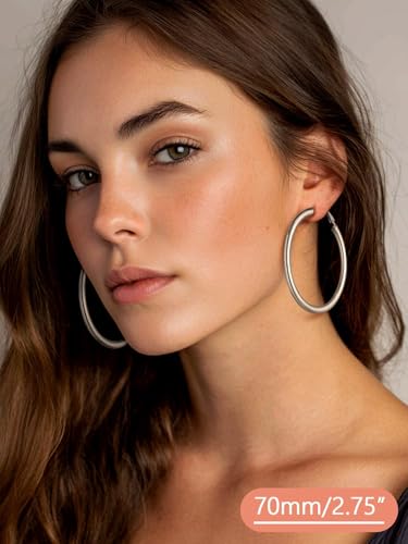 FaithHeart Silver/Black/Gold Stainless Steel Chunky Hoop Earrings for Women | Hypoallergenic Lightweight Hoop Earrings, Trendy Statement Thick Hoop, 20/30/40/50/60/70/80mm - color: Silver, size: 70mm