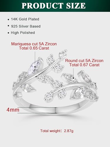 Silver Leaf Ring for Women 925 Sterling Silver Yellow Gold Plated CZ Inlaid Marquise Sapphire/Ruby/Emerald Cocktail Rings Size 6 to 10 - color: Cubic Zirconia - Silver