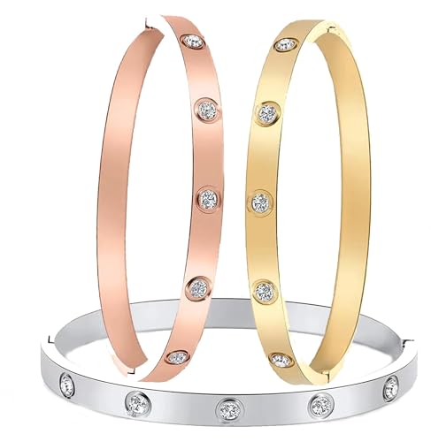 Stainless Steel for Ladies Men Bracelet Bangle Yellow 18k Gold Plated Diamonique CZ stone crystal - color: rose