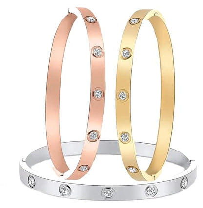 Stainless Steel for Ladies Men Bracelet Bangle Yellow 18k Gold Plated Diamonique CZ stone crystal - color: rose