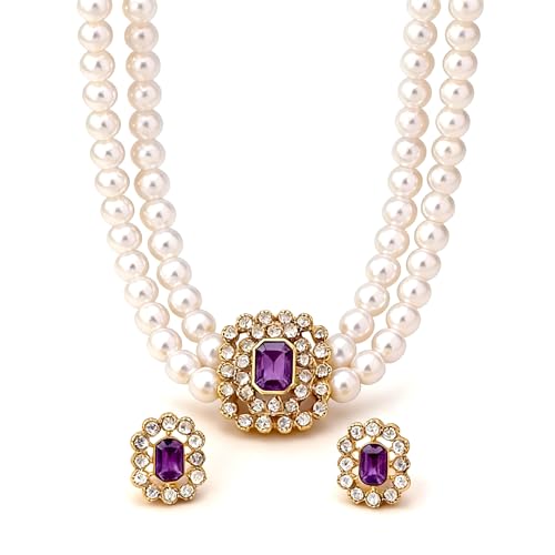 Classic Double Strand Faux Pearl Choker Necklace and Earrings Set with Crystal Accent, Elegant Jewelry for Special Occasions and Everyday Wear - color: purple