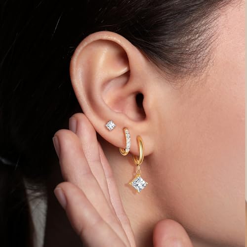 Surgical Steel Small Stud Clover Drop Dangle Huggie Hoop CZ Stud Earrings - color: E-14K Gold Plated S