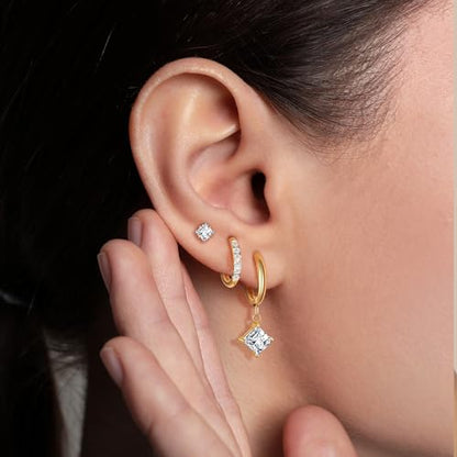 Surgical Steel Small Stud Clover Drop Dangle Huggie Hoop CZ Stud Earrings - color: E-14K Gold Plated S