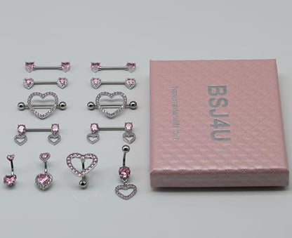 BSJ4U Nipple Ring and Belly Button Ring Set 14G Stainless Steel Sparkly Pink CZ Heart Bar Barbell Nipple Belly Piercing Body Jewelry - style: Lovely